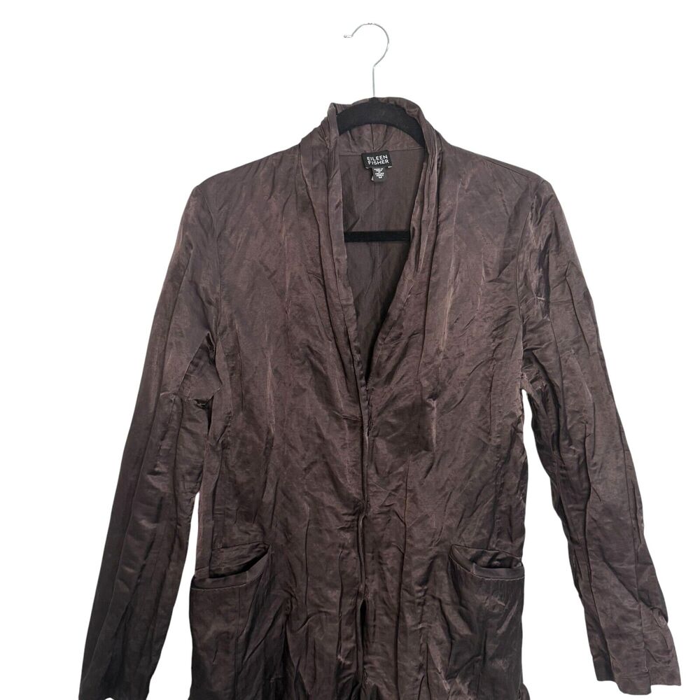 Eileen Fisher Metallic Crinkle Fabric Jacket Cocoa Snap Closure Pockets‎ Size M - Picture 2 of 11